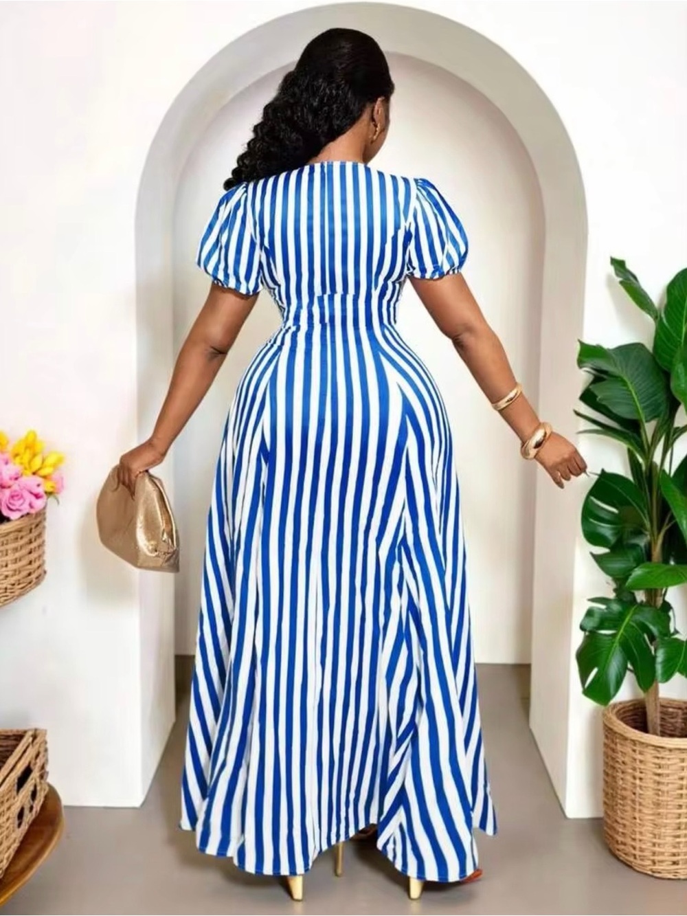 Blue and White Striped V-Neck Maxi Dress - 8/10 - Picture 2 of 6